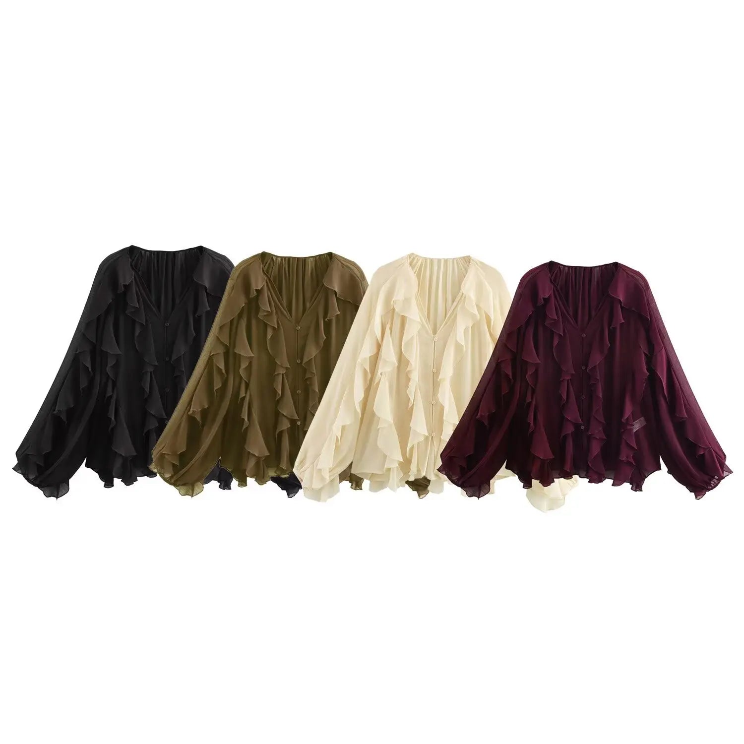 VEITCHE Spring Summer Women Fashion Casual Ruffles Blouses Semi-sheer Loose V Neck Tiered Single Breasted Solid Color Chic Tops