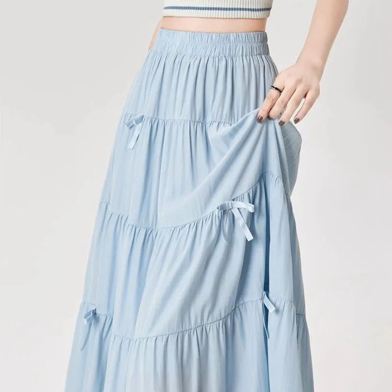 Summer Blue Long Skirts for Women Elastic High Waist Bow Cake Skirts Ladies Loose A-line Midi Skirts Korean Preppy Style Skirts