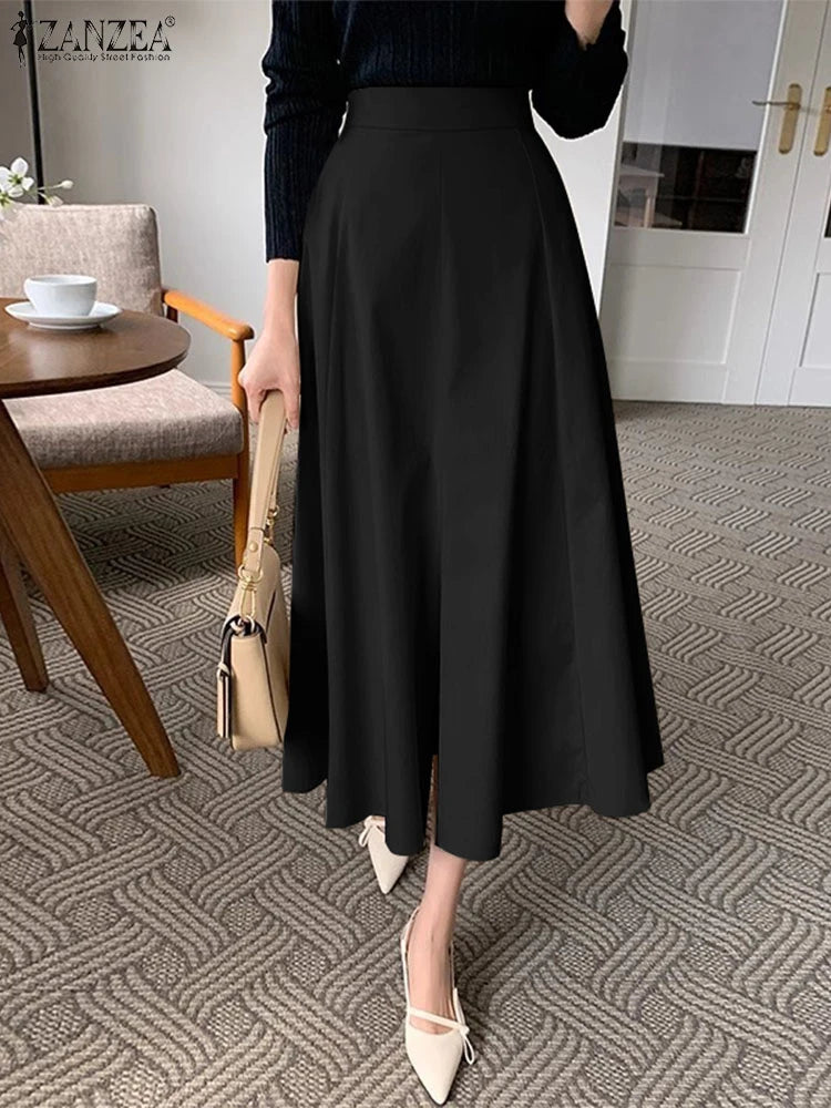 Women High Waist Work OL Skirts ZANZEA Sping Casual Solid Skirt Elegant A-line Party Faldas Saia Jupes Autumn Summer Sundress
