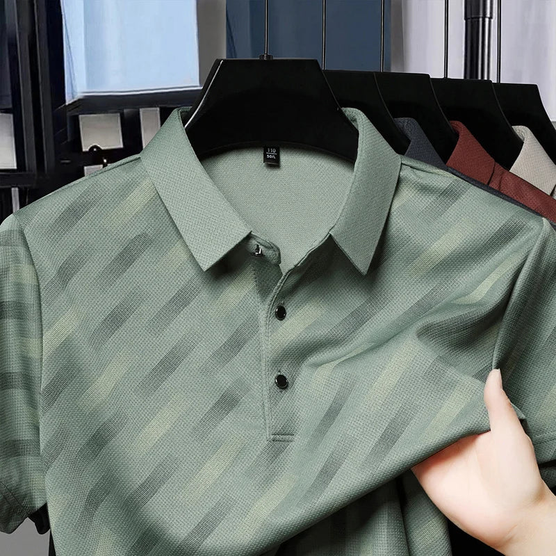 Summer New Men's Casual Fashion High-end Lapel Ice Silk Polo Shirt Dad Outfit