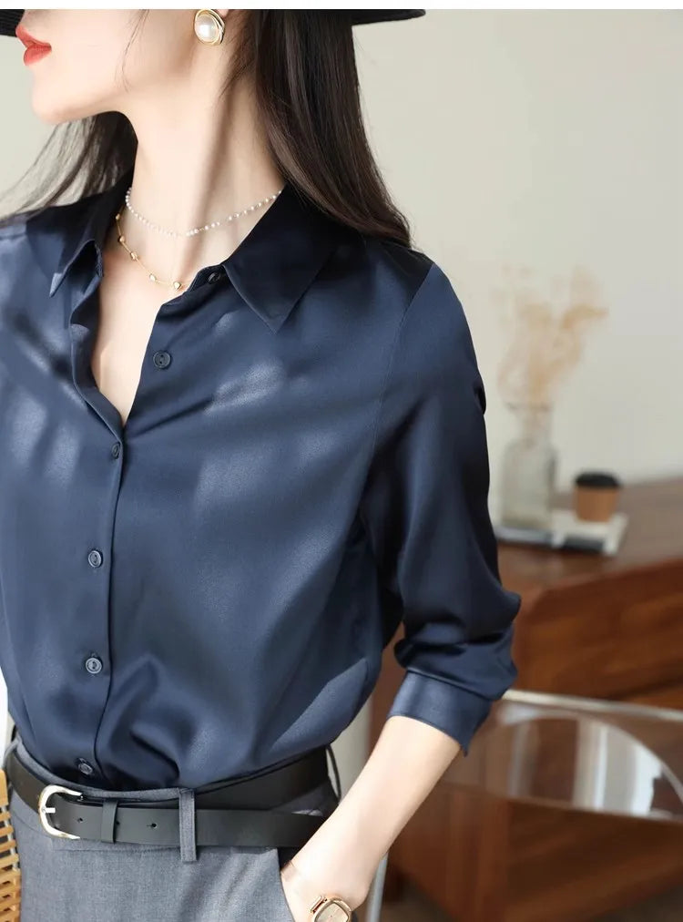 Spring Autumn Elagant Satin Women's Blouse 2025 New Long Sleeve Turn-down Collar Korean Casual Loose Office Lady Shirts Female