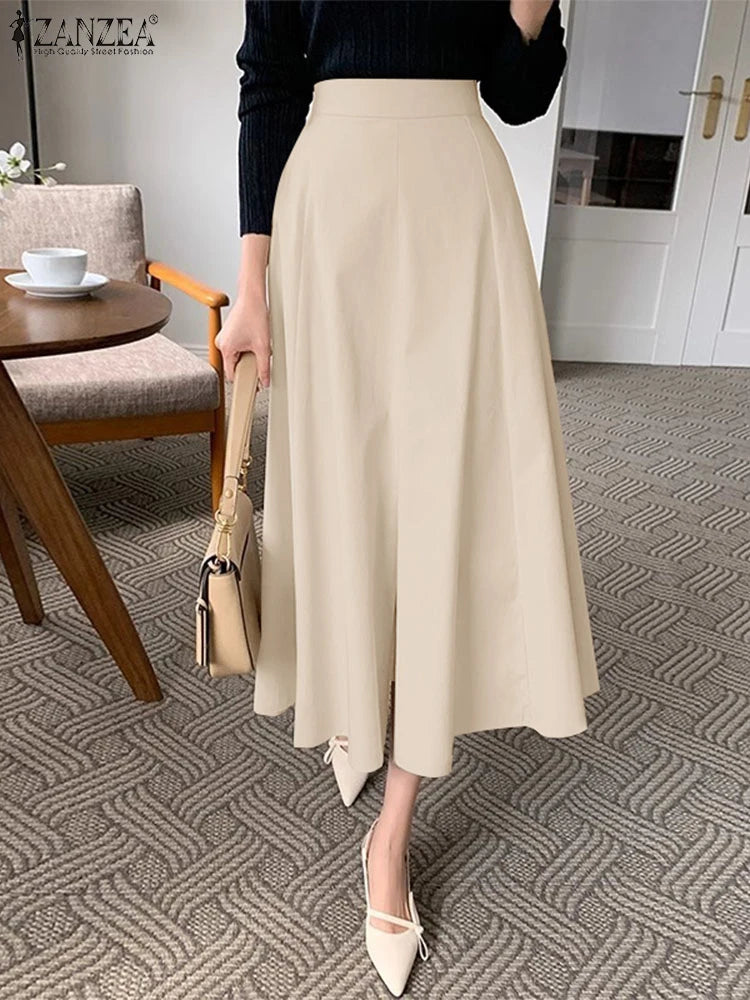 Women High Waist Work OL Skirts ZANZEA Sping Casual Solid Skirt Elegant A-line Party Faldas Saia Jupes Autumn Summer Sundress