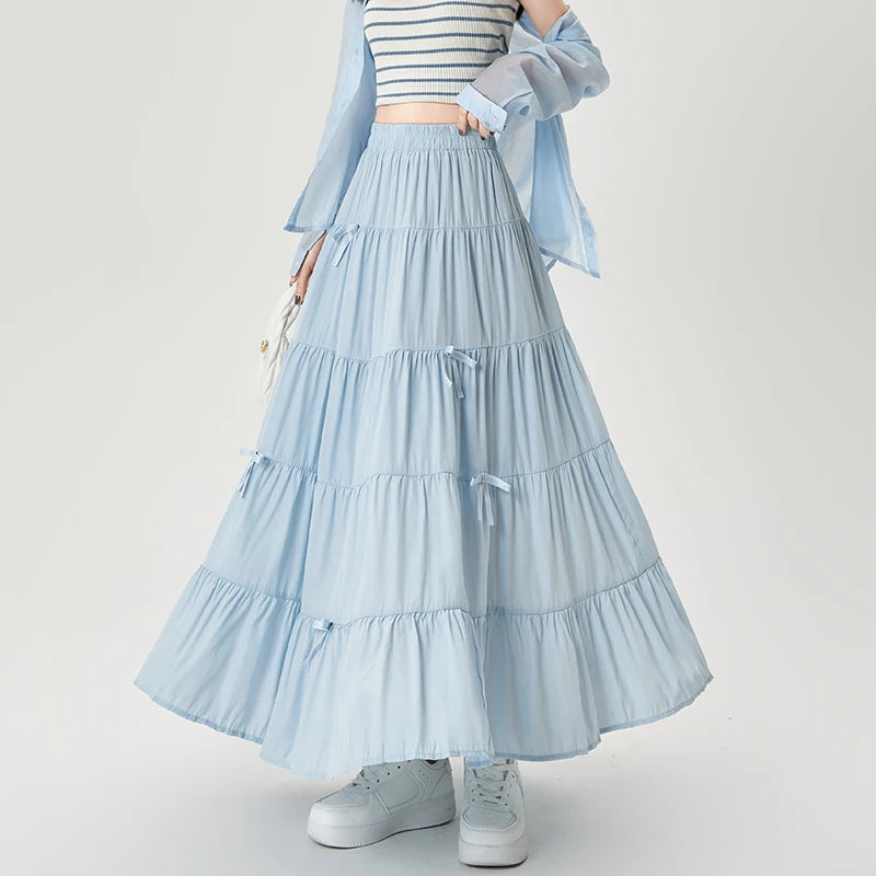 Summer Blue Long Skirts for Women Elastic High Waist Bow Cake Skirts Ladies Loose A-line Midi Skirts Korean Preppy Style Skirts