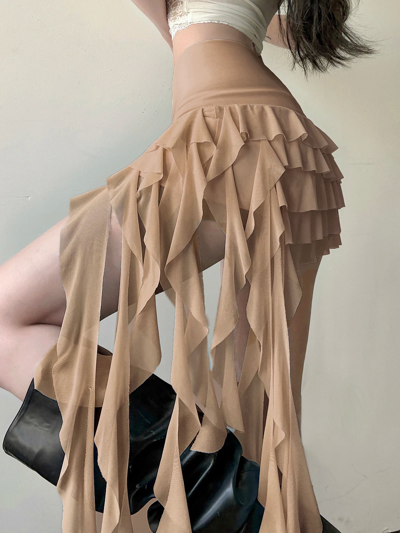 Women's Ruffle Asymmetrical Mesh Skirt Elegant Low Waist Tiered Layer Ribbon Mini Skirt Ladies Summer Bottoms Y2k Downtown Girl