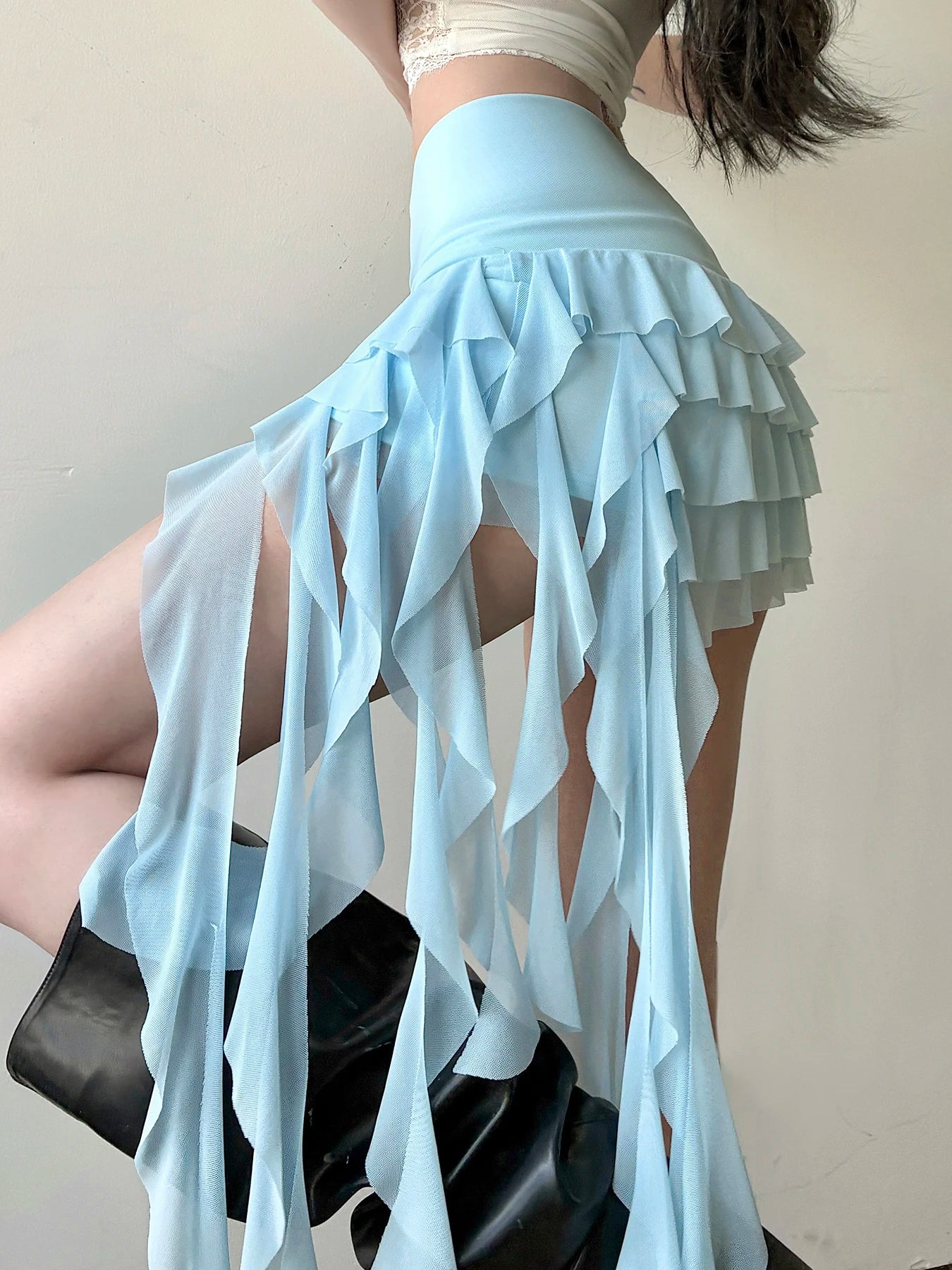 Women's Ruffle Asymmetrical Mesh Skirt Elegant Low Waist Tiered Layer Ribbon Mini Skirt Ladies Summer Bottoms Y2k Downtown Girl