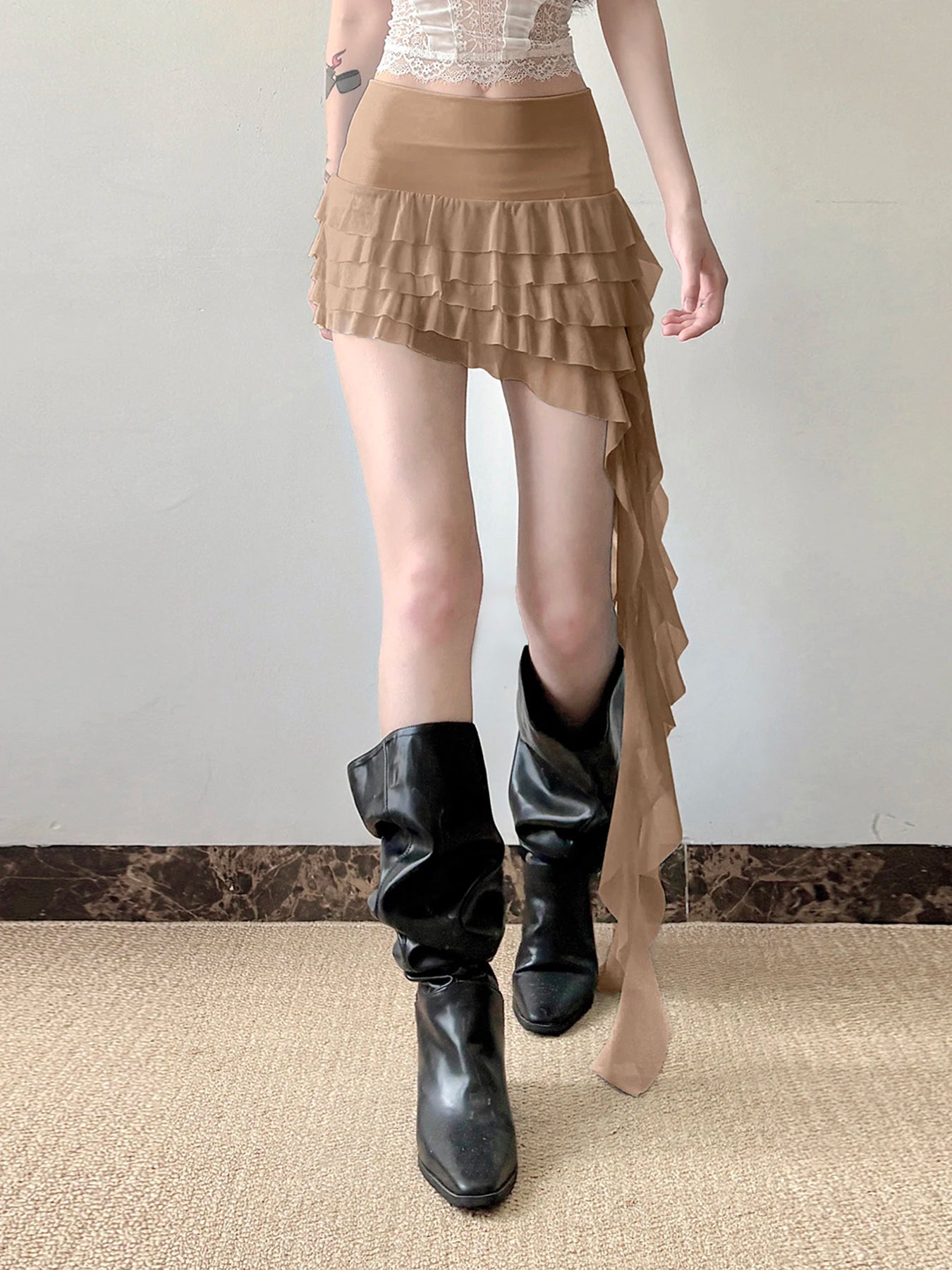 Women's Ruffle Asymmetrical Mesh Skirt Elegant Low Waist Tiered Layer Ribbon Mini Skirt Ladies Summer Bottoms Y2k Downtown Girl