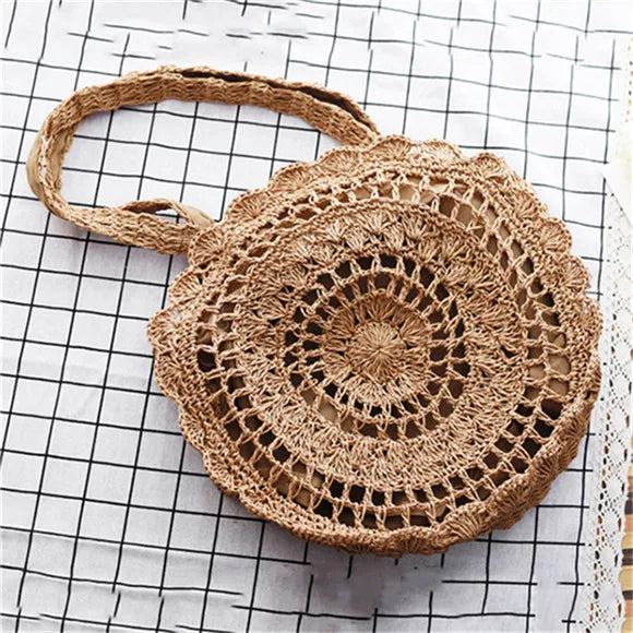 Bohemian Straw Bags for Women Circle Beach Handbags Summer Rattan Shoulder Bags Handmade Knitted Travel Big Totes Bag New