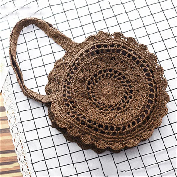 Bohemian Straw Bags for Women Circle Beach Handbags Summer Rattan Shoulder Bags Handmade Knitted Travel Big Totes Bag New
