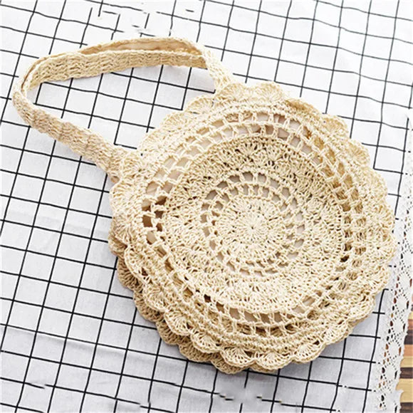Bohemian Straw Bags for Women Circle Beach Handbags Summer Rattan Shoulder Bags Handmade Knitted Travel Big Totes Bag New