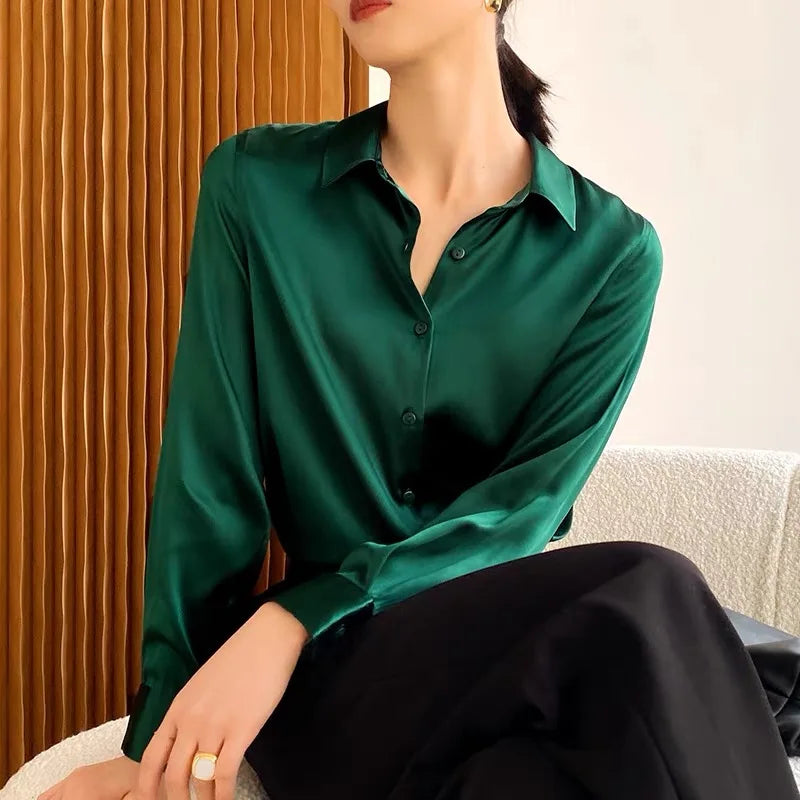 Spring Autumn Elagant Satin Women's Blouse 2025 New Long Sleeve Turn-down Collar Korean Casual Loose Office Lady Shirts Female