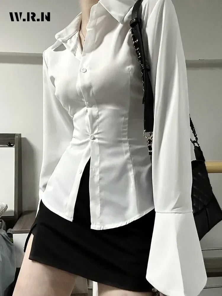 Women Sexy Solid Color Slim Chiffon Shirt Turn-down Collar Flare Sleeve Tunic Bandage Design Vintage Female Blouses Spring 2025