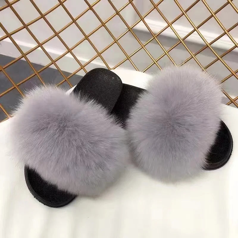 Real Fox Fur Slippers Women Fluffy Slippers With Fur Fashion Beach Shoes Plus Size Shoes Natural Fur Slippers Woman Home Slipper