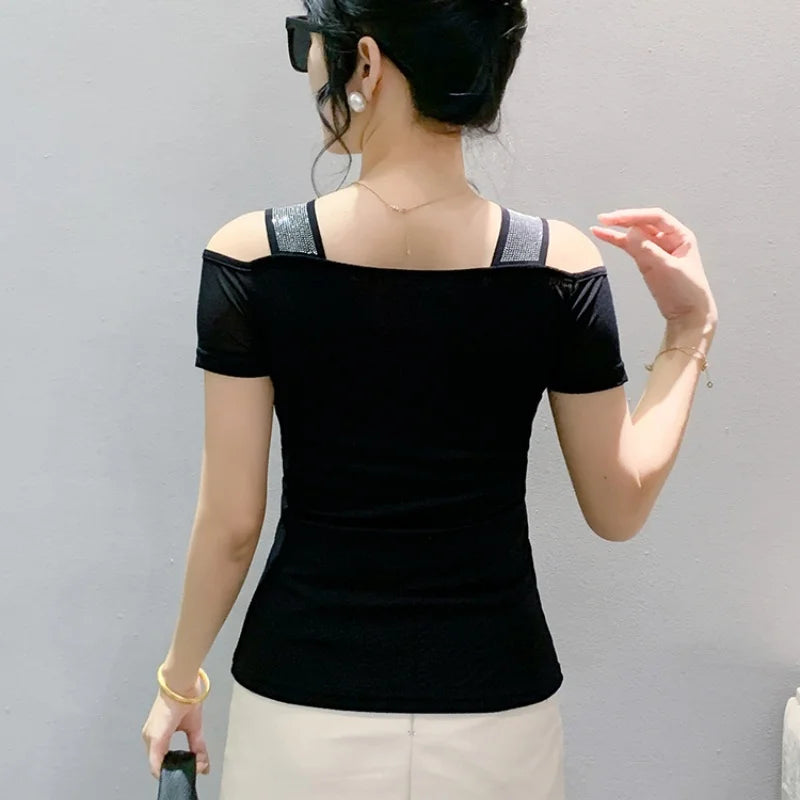 M-3XL Streetwear Luxury Flower Hot Diamonds T-Shirt Women Summer Fashion Sexy Off Shoulder Slim Mesh Tops Female Chic Tees