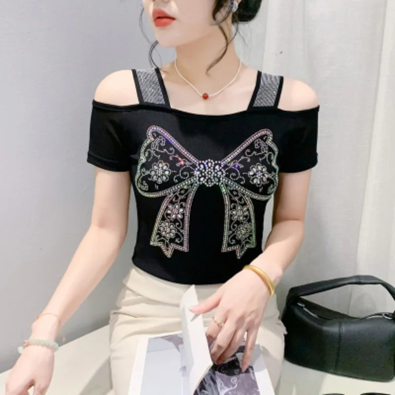 M-3XL Streetwear Luxury Flower Hot Diamonds T-Shirt Women Summer Fashion Sexy Off Shoulder Slim Mesh Tops Female Chic Tees