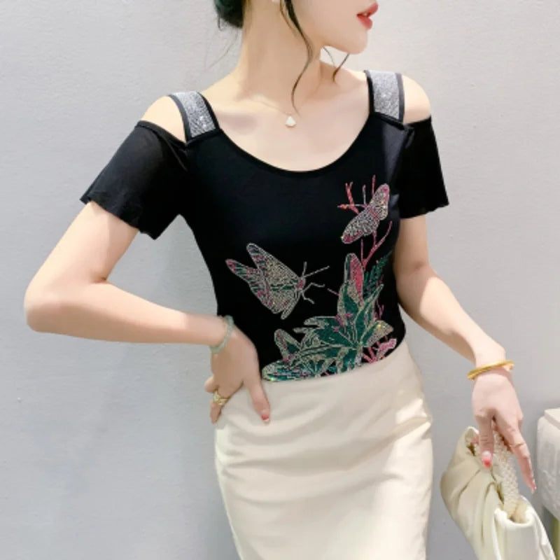 M-3XL Streetwear Luxury Flower Hot Diamonds T-Shirt Women Summer Fashion Sexy Off Shoulder Slim Mesh Tops Female Chic Tees