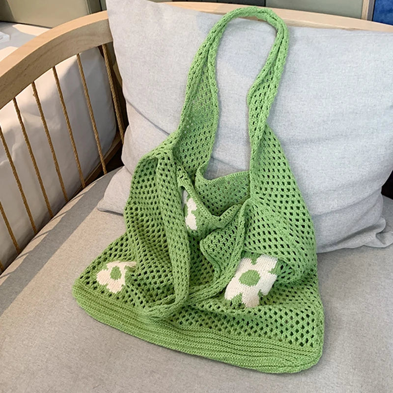 Ins Fashion Sweet Flower Knitted Hollow Tote Bag Large Capacity Shopping Bag Ladies Simple Retro Shoulder Bag Handbag for Women