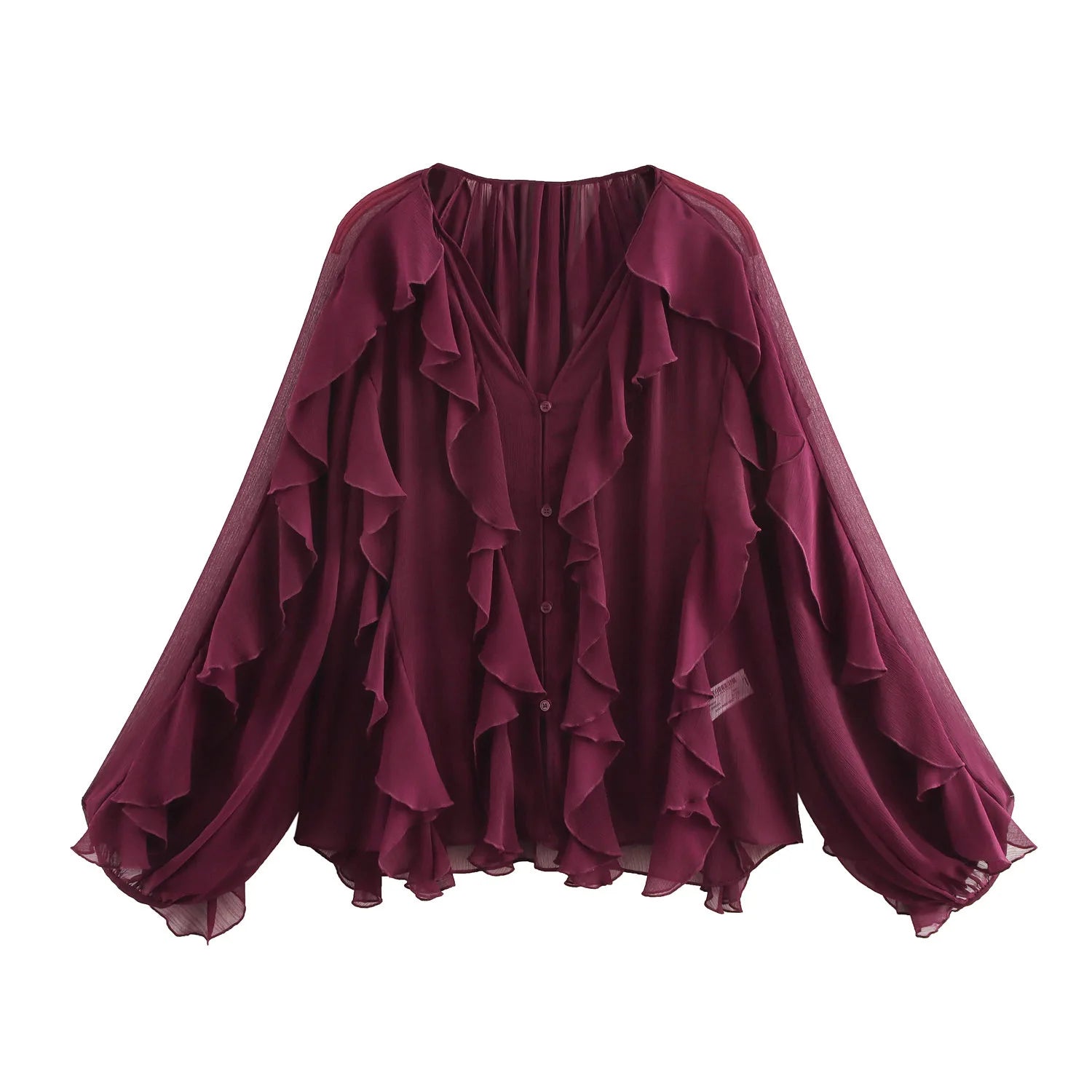 VEITCHE Spring Summer Women Fashion Casual Ruffles Blouses Semi-sheer Loose V Neck Tiered Single Breasted Solid Color Chic Tops