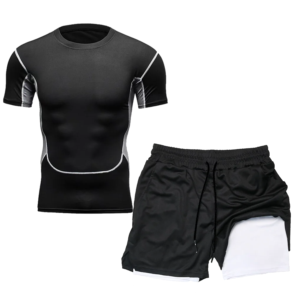 Compression Set Running Sport Fitness Suit for Men Quick Dry Compression Shirt+Gym Shorts 2PCS Workout Summer Sportwear