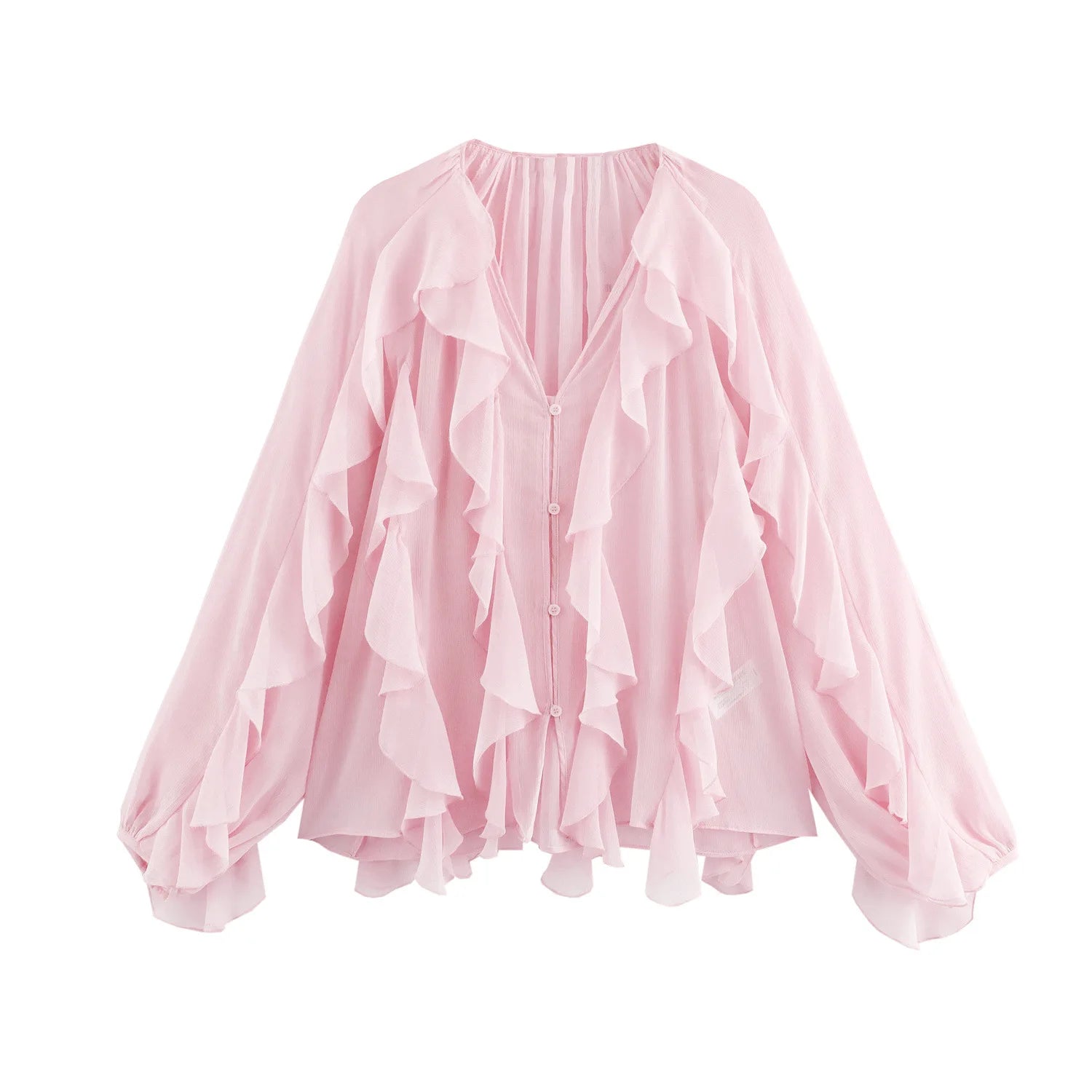 VEITCHE Spring Summer Women Fashion Casual Ruffles Blouses Semi-sheer Loose V Neck Tiered Single Breasted Solid Color Chic Tops