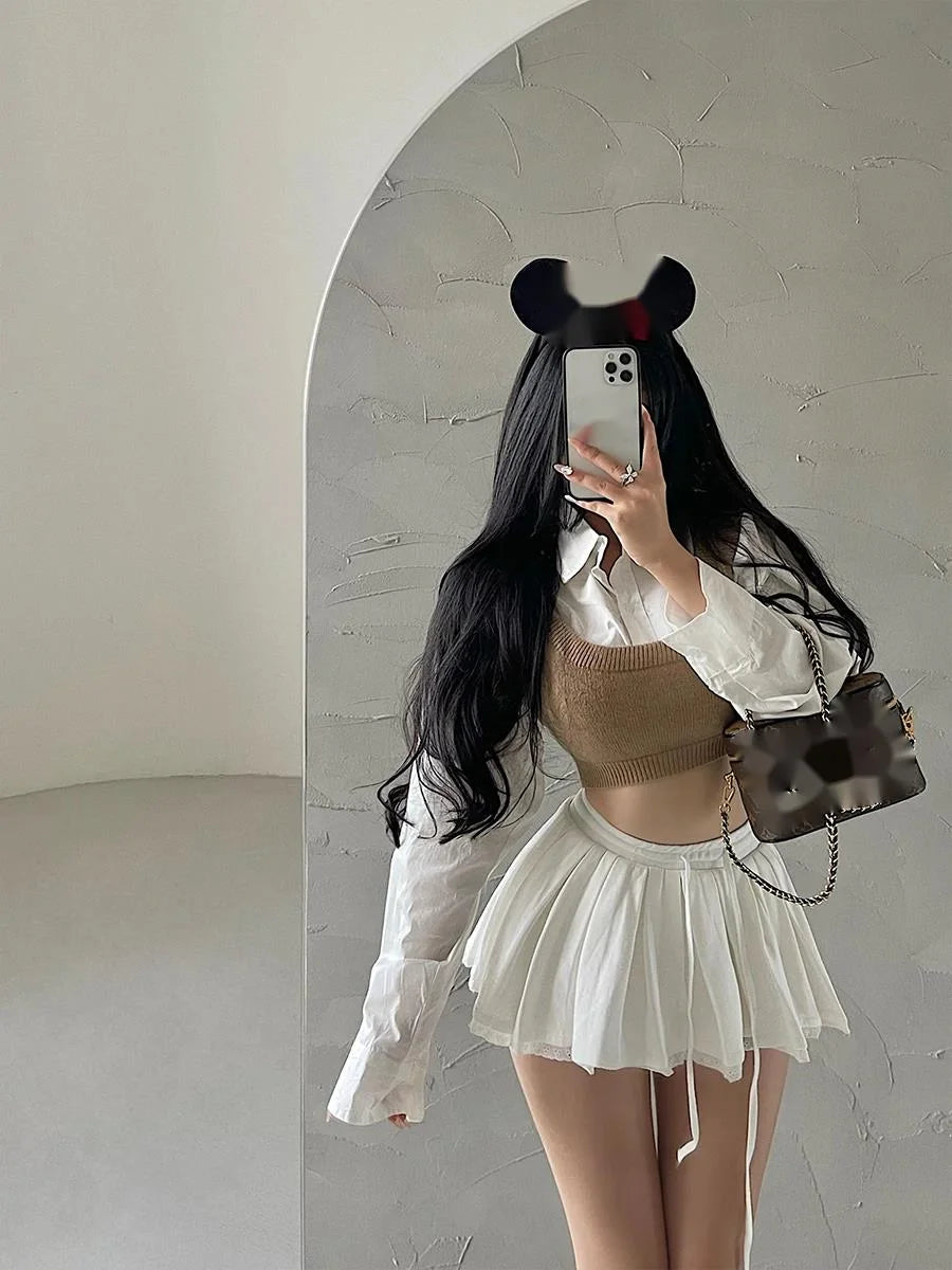 Lace Patchwork Pleated Skirt for Women Y2K Summer Fashion Preppy Drawstring Tutu Skirt Korean Sweet Lolita All Match Mini Skirts