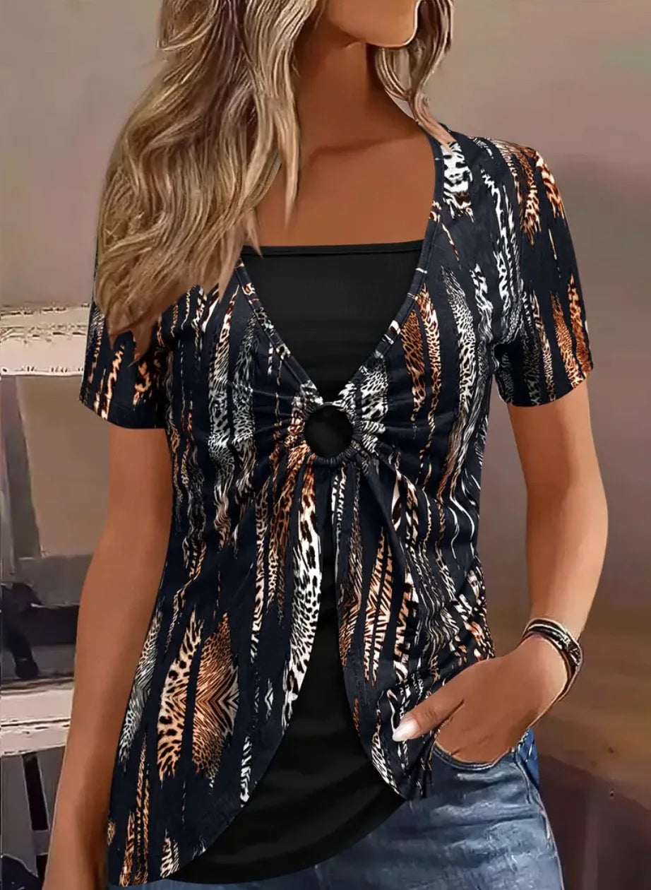 Elegant Square Neck Women's Short Sleeve T-Shirt - Ethnic Leopard Print False Two-Piece Top | Fashionable Streetwear for