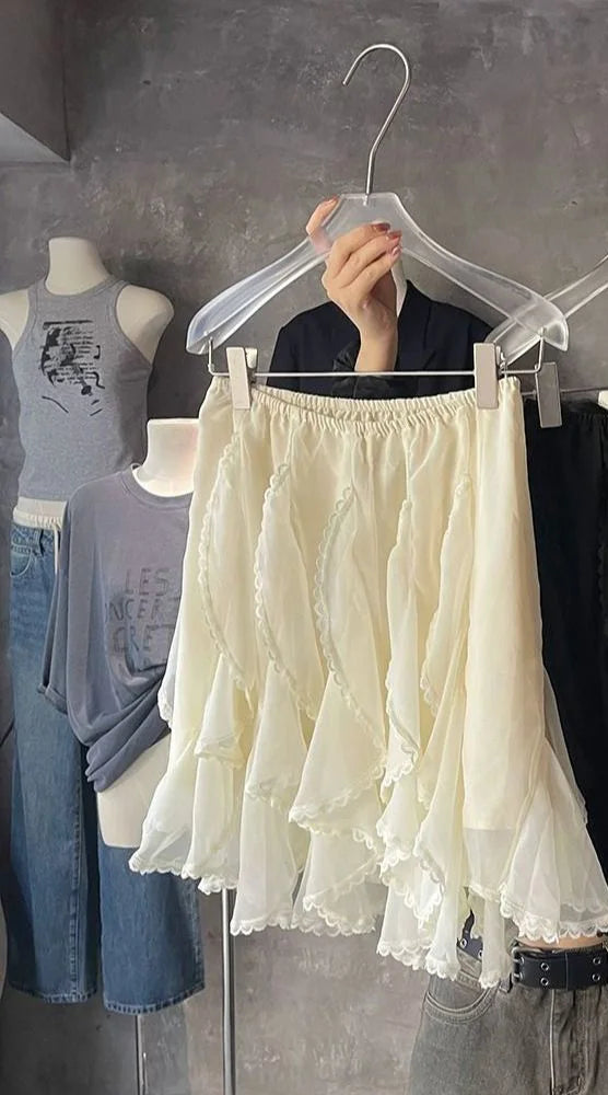 Fashion Skirts for Women Vintage Sexy Casual Skirts Solid Lace Asymmetrical High Waist Sweet Mini 2025 New Spring Summer Skirts