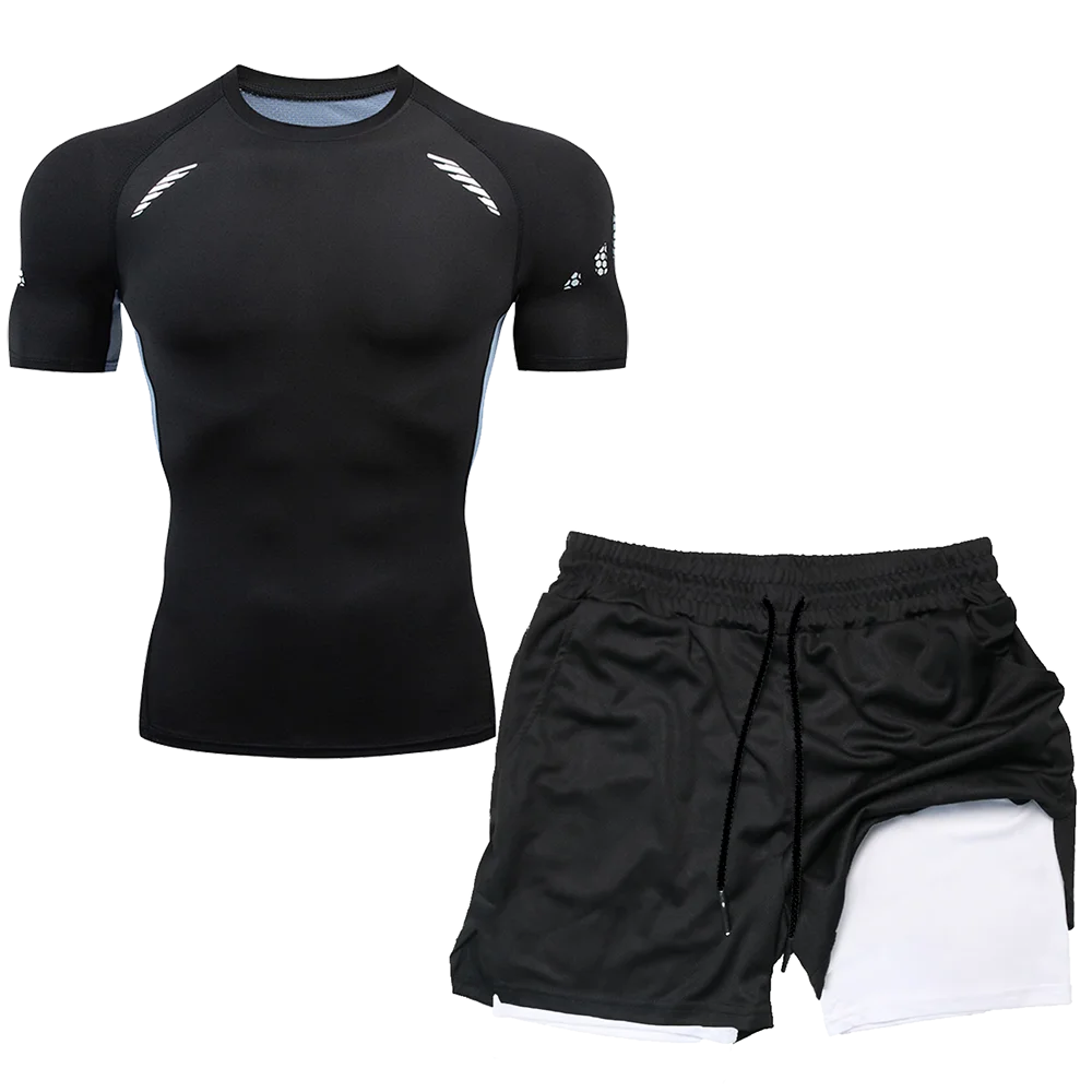 Compression Set Running Sport Fitness Suit for Men Quick Dry Compression Shirt+Gym Shorts 2PCS Workout Summer Sportwear