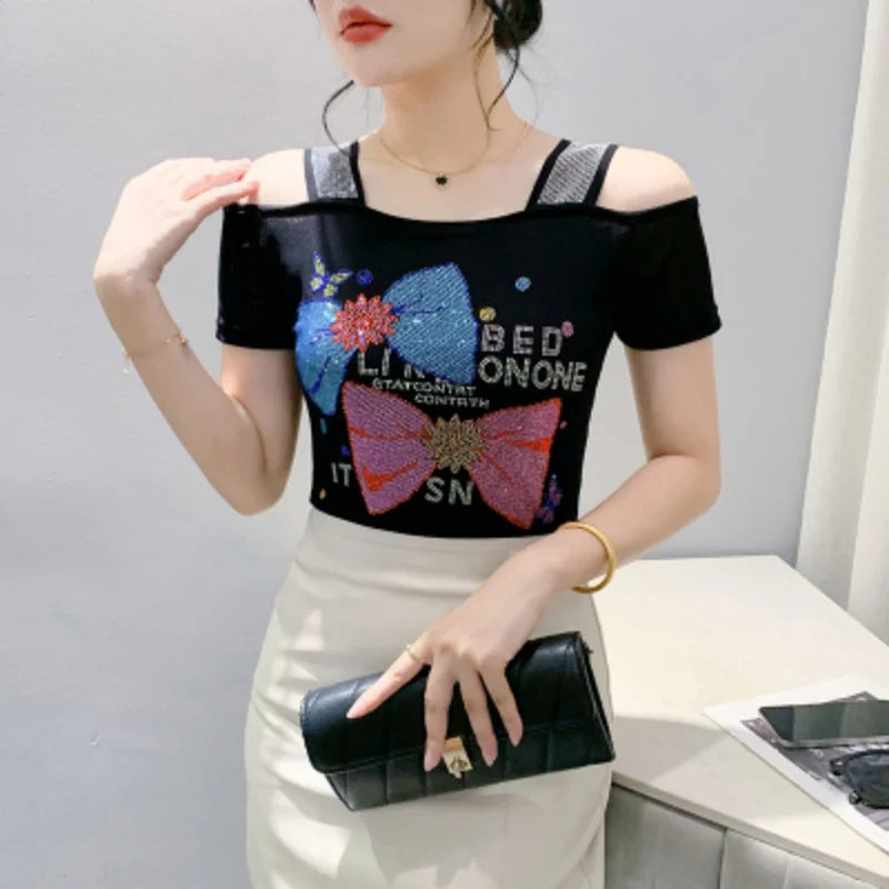 M-3XL Streetwear Luxury Flower Hot Diamonds T-Shirt Women Summer Fashion Sexy Off Shoulder Slim Mesh Tops Female Chic Tees