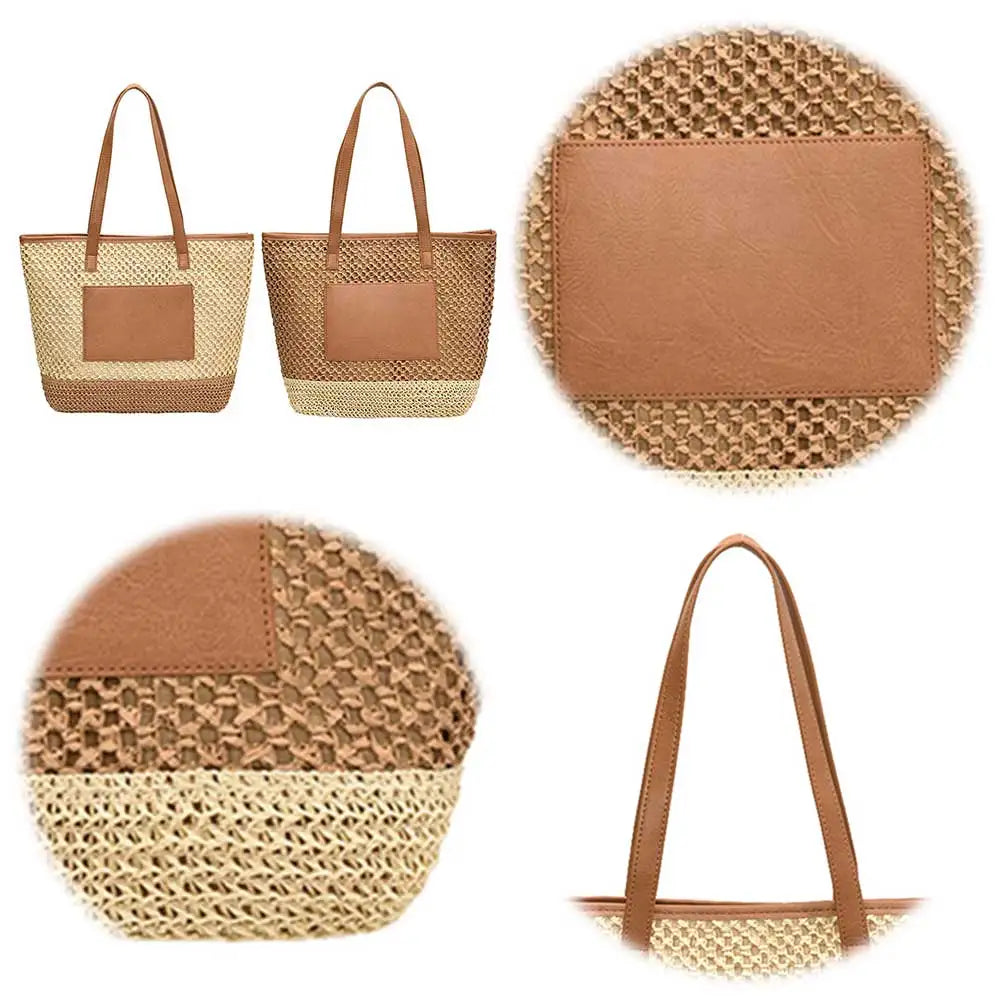 Women Straw Crochet Beach Handbag PU Patchwork Simple Shoulder Bag Contrast Color Minimalist Tote Bag Ladies Summer Bag