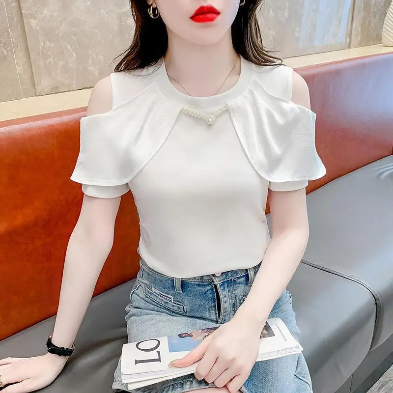 New Chinese Style 2025 Summer New Short-sleeved T-shirt Women Top Off-shoulder Chic Versatile Pullover