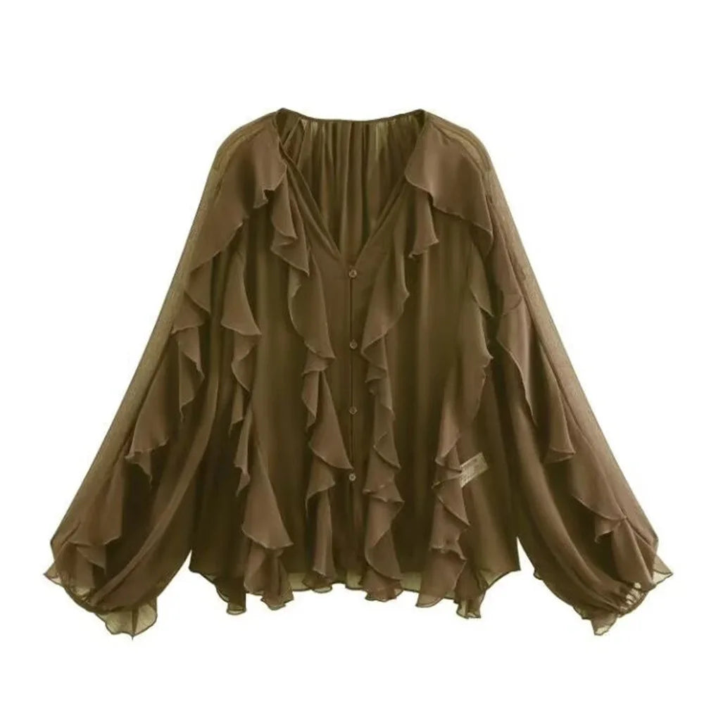 VEITCHE Spring Summer Women Fashion Casual Ruffles Blouses Semi-sheer Loose V Neck Tiered Single Breasted Solid Color Chic Tops