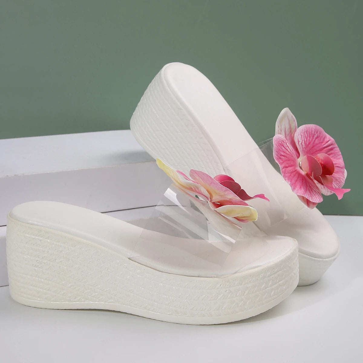 Flower Decor Wedge Sandals Women 2025 Summer Chunky Platform Beach Slippers Woman Plus Size 43 Light Non Slip Outdoor Slides