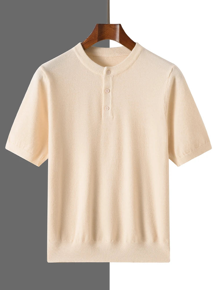 2025 Summer Men's Henley Neck Knitted Solid Color Male Tops T-shirts Comfortable Breathable Short-Sleeved Tee for Casual Wear
