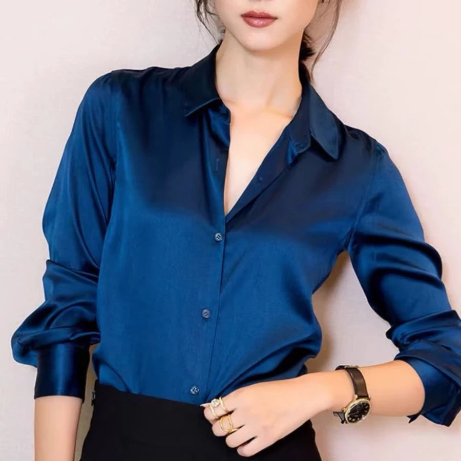 Spring Autumn Elagant Satin Women's Blouse 2025 New Long Sleeve Turn-down Collar Korean Casual Loose Office Lady Shirts Female