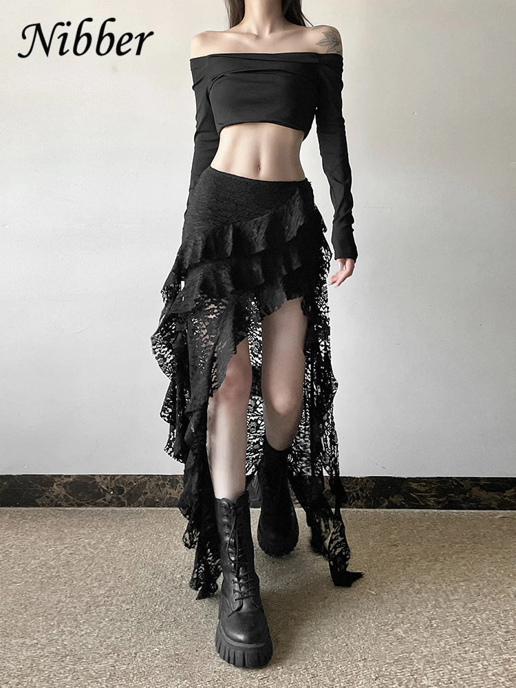 Nibber Tassels Women Skirts Irregular Hem Multi-Layered Ruffles Lace Patchwork Sweet Summer Trend Daily Skinny Versatile Bottoms