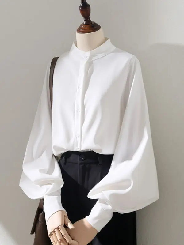 Spring New Style Lantern Sleeve White Shirt Women Long-sleeved Grinding Top Korean Style Loose Stand Collar Puff Sleeve Cardigan