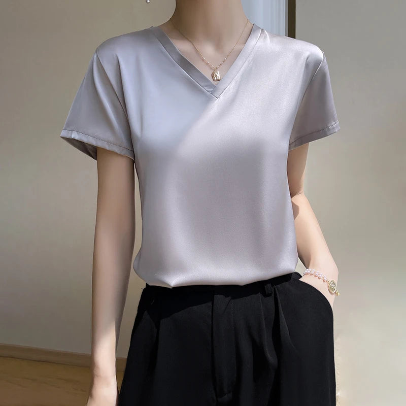 2024 Summer Basic Solid Women's T-Shirts V-Neck Short Sleeve Tees Tops  Satin Silk Elegant Thin Shirts for Female
