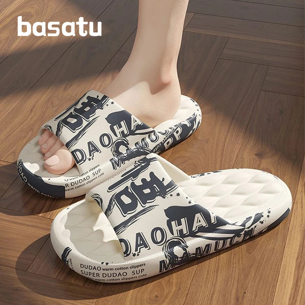 BASATU Men Summer Slippers Beach Sandals Flip Flop Printing Thick Soled Boys Girls Unisex Home Bath Shoe Large Size 46-47