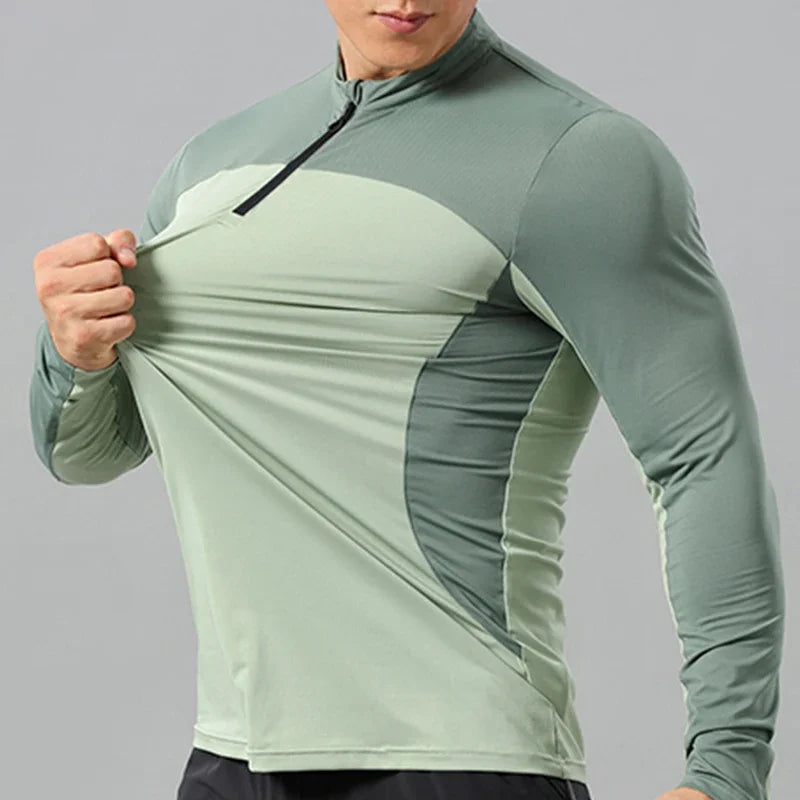 Men's Outdoor Sports Climbing Hiking Long Sleeve Stand Collar Zip-up Quick-drying Breathable Sweat-absorbent Elasticity T-shirt