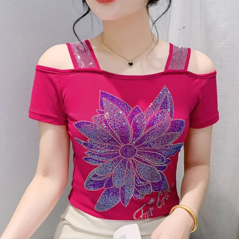 M-3XL Streetwear Luxury Flower Hot Diamonds T-Shirt Women Summer Fashion Sexy Off Shoulder Slim Mesh Tops Female Chic Tees