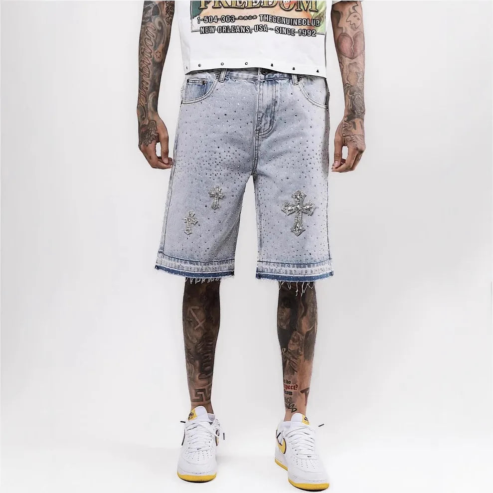 Oversized Iron Diamond Pattern Denim Shorts for Men Hip Hop Punk Low Waist Gym Shorts Streetwear Retro Gothic Y2k Sweatpants