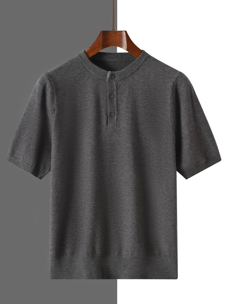 2025 Summer Men's Henley Neck Knitted Solid Color Male Tops T-shirts Comfortable Breathable Short-Sleeved Tee for Casual Wear