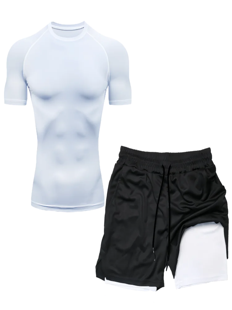 Compression Set Running Sport Fitness Suit for Men Quick Dry Compression Shirt+Gym Shorts 2PCS Workout Summer Sportwear