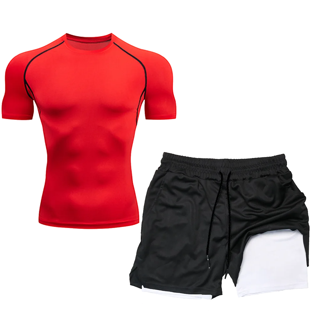 Compression Set Running Sport Fitness Suit for Men Quick Dry Compression Shirt+Gym Shorts 2PCS Workout Summer Sportwear