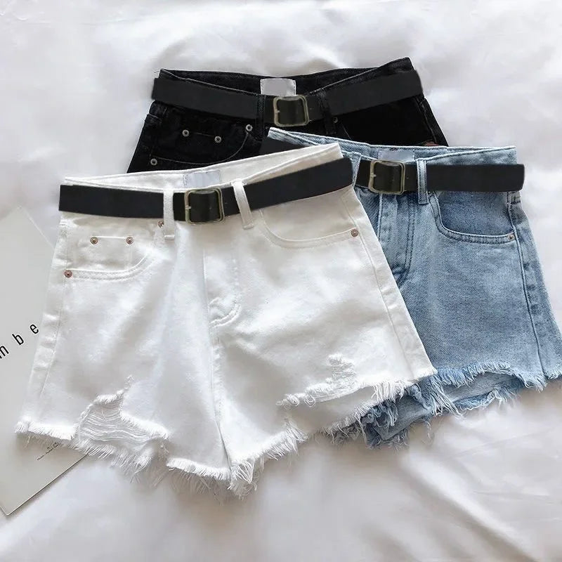 Women Casual High Street Denim Shorts With Belt Pocket High Waist A-line Jean Shorts Versatile Ripped Trousers Summer Streetwear