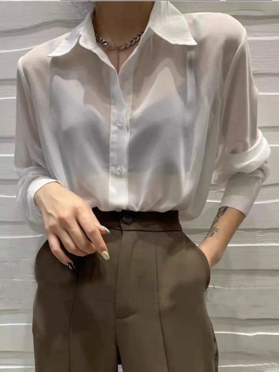 Sun-proof Transparent Shirt Female Mesh Long Sleeve Top Solid Color Summer Loose Chiffon Blouse Korean Fashion Cardigan Ladies