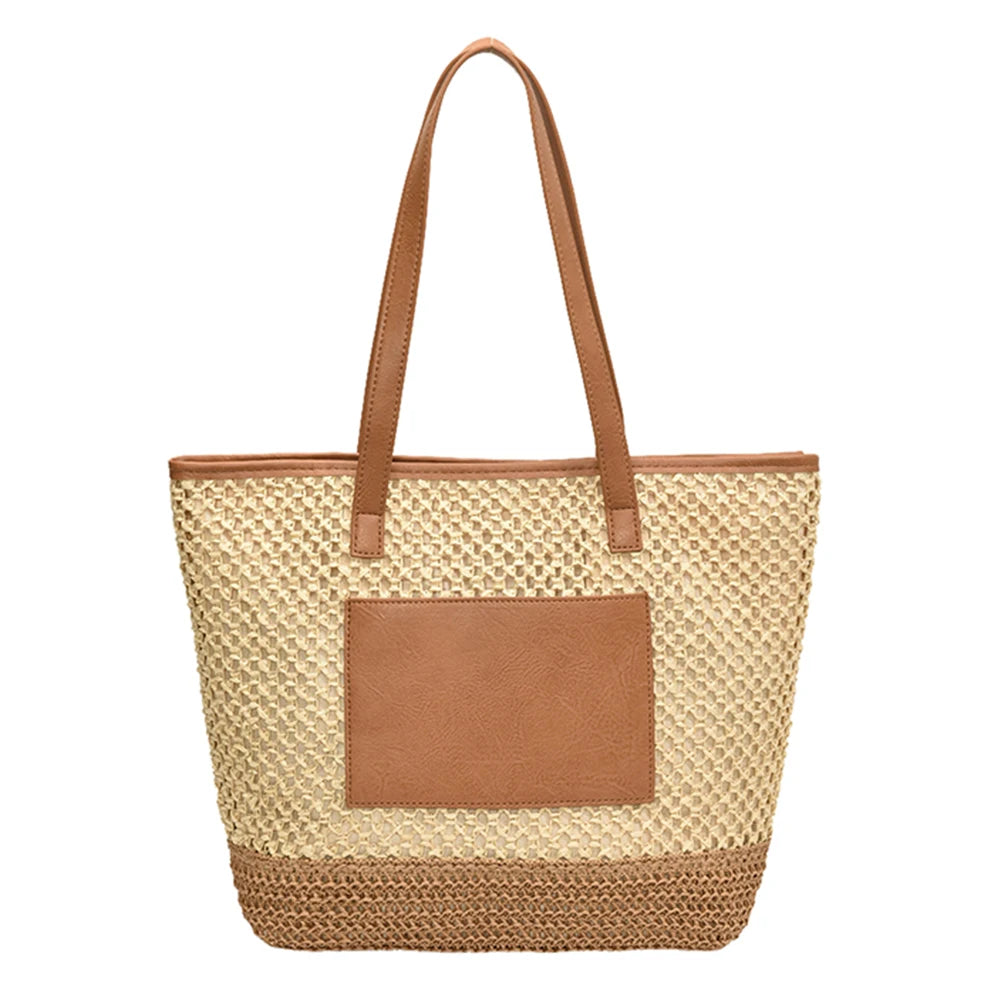 Women Straw Crochet Beach Handbag PU Patchwork Simple Shoulder Bag Contrast Color Minimalist Tote Bag Ladies Summer Bag