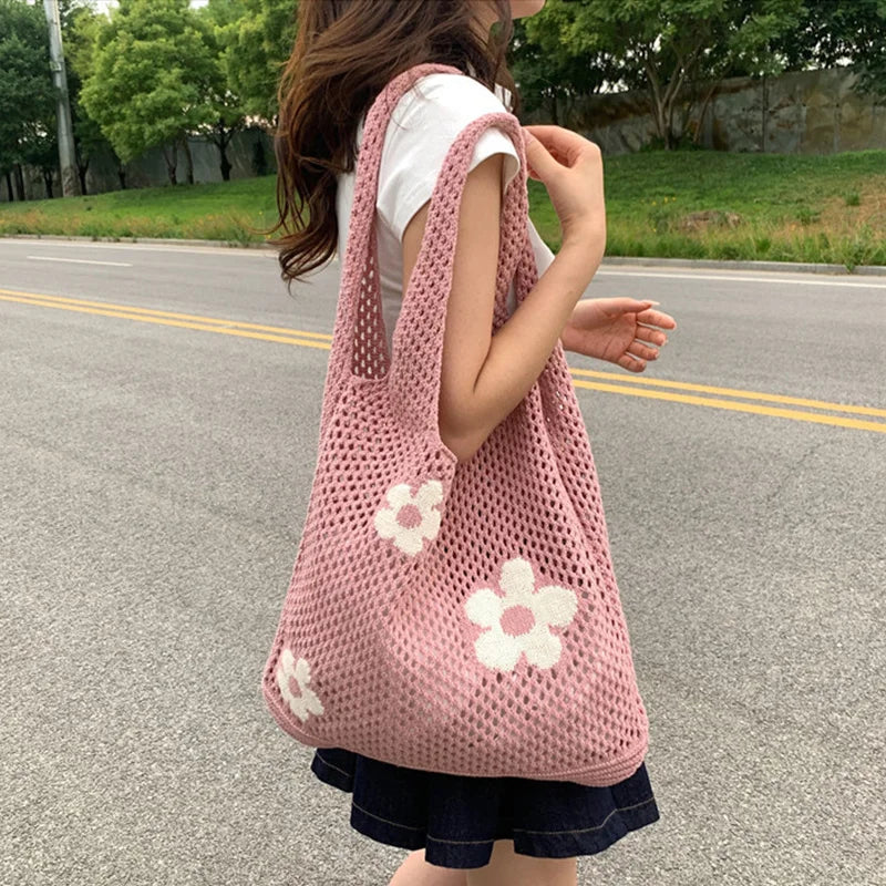 Ins Fashion Sweet Flower Knitted Hollow Tote Bag Large Capacity Shopping Bag Ladies Simple Retro Shoulder Bag Handbag for Women
