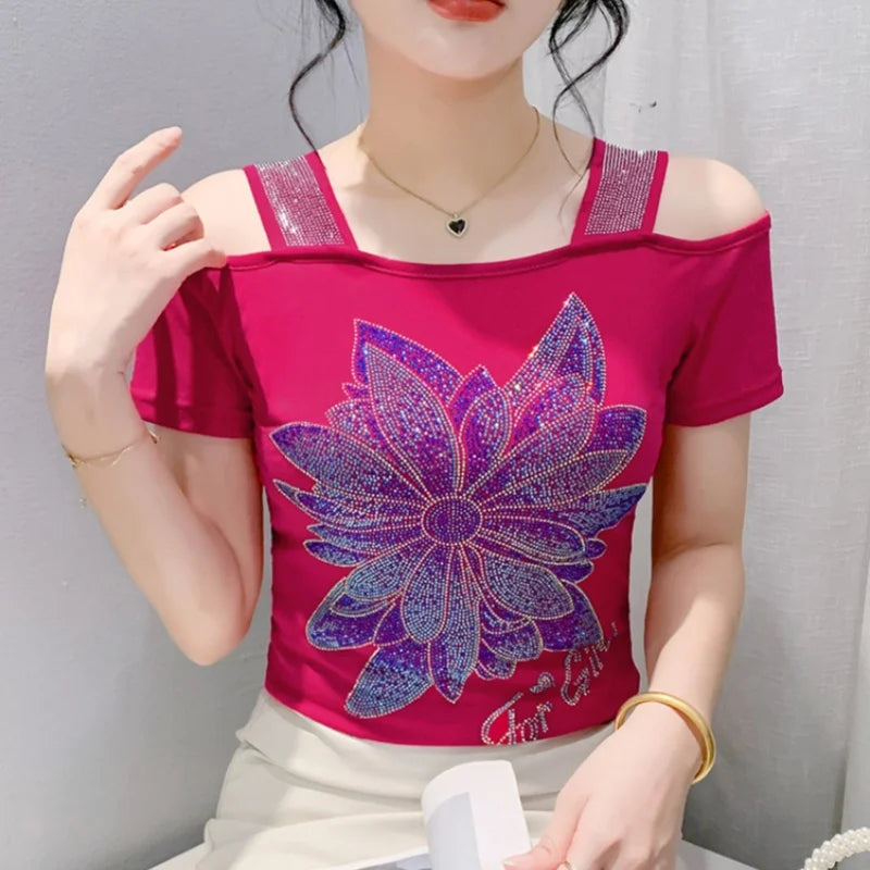 M-3XL Streetwear Luxury Flower Hot Diamonds T-Shirt Women Summer Fashion Sexy Off Shoulder Slim Mesh Tops Female Chic Tees