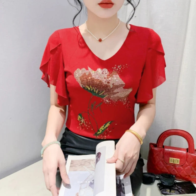 M-3XL Streetwear Luxury Flower Hot Diamonds T-Shirt Women Summer Fashion Sexy Off Shoulder Slim Mesh Tops Female Chic Tees